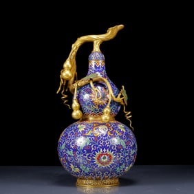 A Huge Cloisonne Lotus and Eight Treasures Pattern Gourd-Shaped Vase
