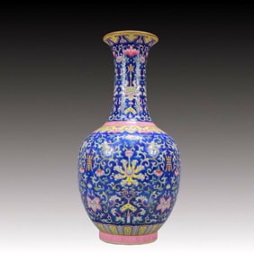 An Exquisite Blue Ground Famille-Rose Lotus Pattern Vase