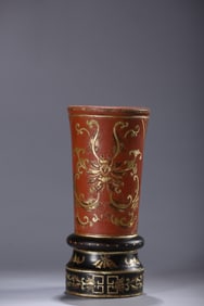 An Exquisite Carved Red Lacquer Painted Gold Lotus Pattern Brush Pot