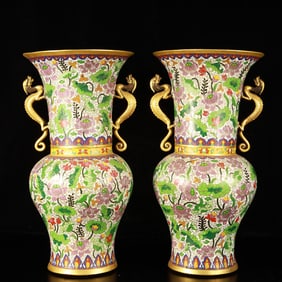 A Pair of Huge Cloisonne Lotus Pattern Dragon-Ears Vase