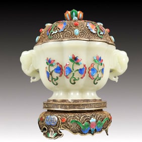 An Exquisite White Jade Inlaid Gems Double-Ears Censer