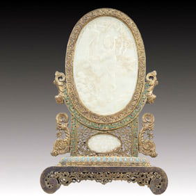 A Rare Gilt Bronze Inlaid White Jade Figure Pattern Table Screen,with an Imperial Poem by Emperor