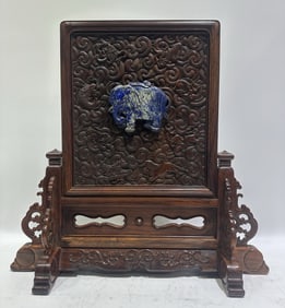 A Huge Huanghuali wood Auspicious Beast and Elephant Pattern Screen,Inlaid Lapis Lazuli