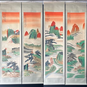 A Set of Chinese Vertical Scroll Ink Painting of Landscape and Figure on Paper