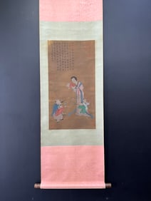 A Chinese Vertical Scroll Ink Painting of Character and Story on Silk