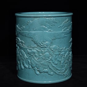 A Precious Turquoise Glazed Carve Lion Pattern Brush Pot