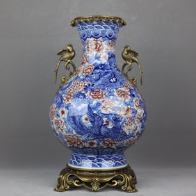 A Huge Blue and White Underglaze-Red Dragon and Phoenix Pattern Inlaid Bronze Flower and Bird