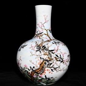 A Rare Famille-Rose Flower and Bird Pattern Vase, With Poem