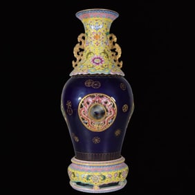 A Huge Famille-Rose Ji Blue Glazed Dragon Pattern Double-Ears Vase