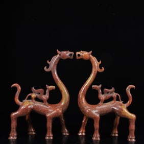 A Pair of Exquisite Yellow Jade Auspicious Beast Ornaments