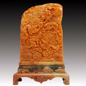 An Exquisite Tianhuang Stone Auspicious Cloud and Dragon Pattern Seal,with an Imperial Poem by