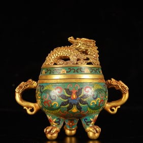 An Exquisite Cloisonne Lotus Pattern Dragon-Ears Censer