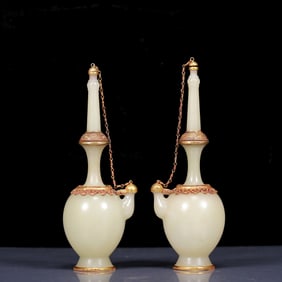 A Pair of Exquisite White Jade Inlaid silver-gilt Vases