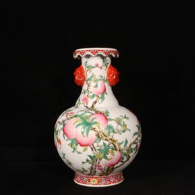 An Exquisite Enamel Bats and Peach Pattern Double-Ears Vase,With Poem