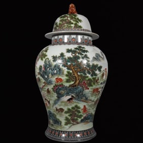 A Huge Ink Color Pine and Rabbit Pattern with Cover Jar