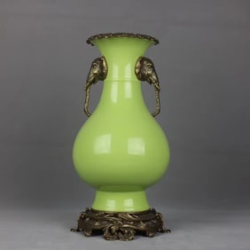 An Exquisite Green Glazed Inlaid Bronze Elephant-Ears Vase