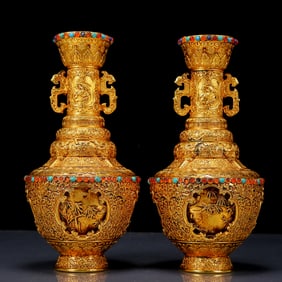 A Pair of Fine Gilt Bronze Inlaid Turquoise Flower and Bird Pattern Double-Ears Vases
