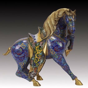 A Rare Cloisonne Seawater,Auspicious Cloud and Dragon Pattern Horse Ornament