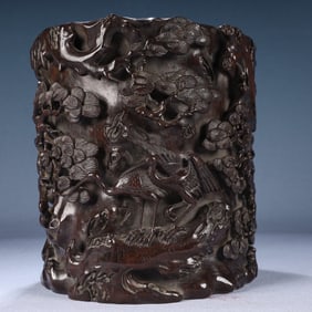 An Exquisite Zitanwood Pine and Crane Pattern Brush Pot