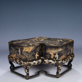 A Rare Black Lacquer Painted Gold Landscape and Figure Pattern Cover Box
