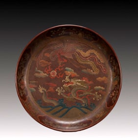 A Exquisite Carved Red Lacquer Flower Pattern Dragon and Phoenix Pattern Plate