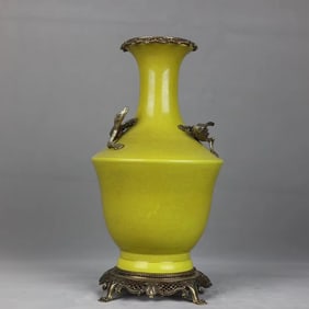 An Exquisite Yellow Glazed Inlaid Bronze Double-Ears Vase