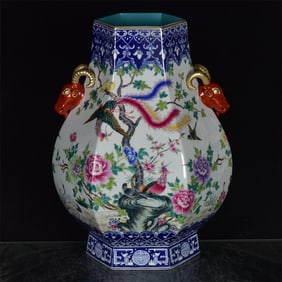 A Huge Blue and White Famille-Rose Gilt Flower and Bird Pattern Sheep-Ears Vase,with Poem