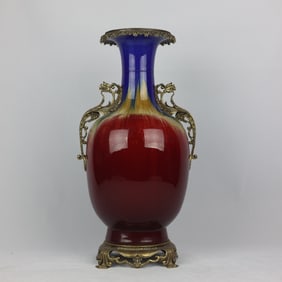 A Huge Flambe Glazed Inlaid Bronze Flower Double-Ears Vase