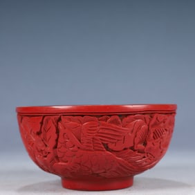 An Exquisite Carved Red Lacquer Flower and Bird Pattern Bowl
