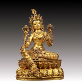 A Solemn Gilt Bronze Statue of Tara, Inlaid Gems