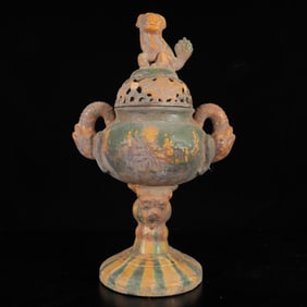 An Exquisite Tang Tri-Color Glazed Pottery Auspicious Beast Double-Ears Censer