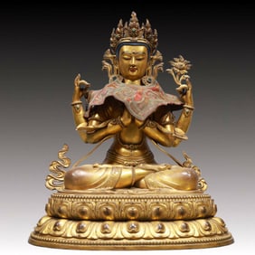 A Solemn Gilt Bronze Statue of Gautama’s Mother, Inlaid Gems