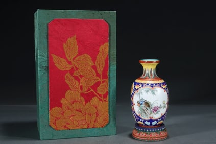 An Exquisite Blue Ground Famille-Rose Flower and Bird Pattern Vase