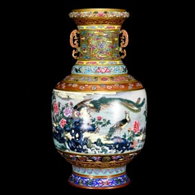 A Huge Enamel Phoenix Pattern Double-Ears Vase,With Poem