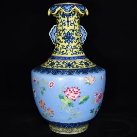 A Rare Blue Ground Famille-Rose Flower and Butterfly Pattern Double-Ears Vase