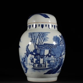A Rare Blue and White Character and Story Pattern with Cover Jar