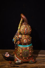 A Rare Meteorite Inlaid Dzi Bead and Turquoise Gourd Ornament
