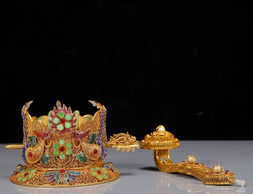 An Exquisite Gilt Inlaid Gems Dragon and Phoenix Pattern Hair Band and Ruyi Ornament