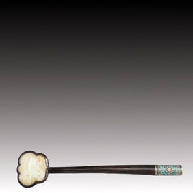 A Rare Bronze Cloisonne Inlaid White Jade Lion Pattern Ruyi