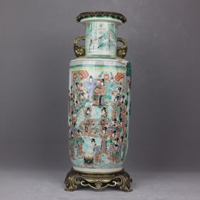 A Huge Wucai Figure Pattern Inlaid Bronze Pomegranate Double-Ears Vase