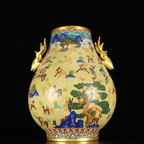 A Rare Cloisonne Pine and Deer Pattern Deer-Ears Vase