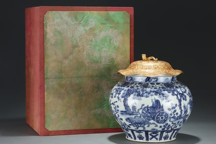 An Exquisite Blue and White Figure and Story Pattern Jar with Cover