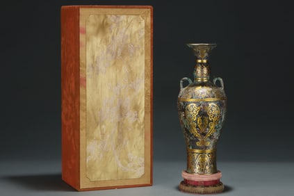 An Archaic Inlaid Gold Bronze Fish Pattern Double-Ears Vase,with Inscription