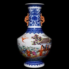 A Rare Blue and White Famille-Rose Character and Story Pattern Double-Ears Vase