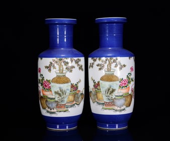A Pair of Huge Ji Blue Glazed Jiacai Flower Pattern Vases,with Poem