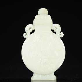 An Exquisite White Jade Landscape and Figure Pattern Double-Ears Bottle