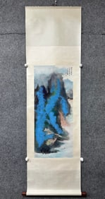 A Chinese Vertical Scroll Ink Painting of Landscape on Paper