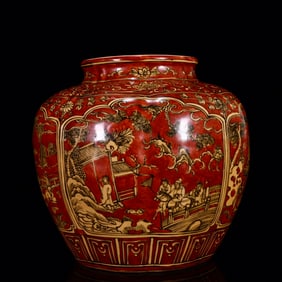 An Exquisite Red Glazed Character and Story Pattern Jar