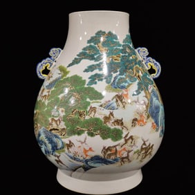 A Huge Famille-Rose Pine and Deer Pattern Double-Ears Vase