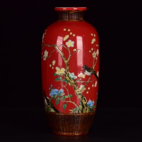 An Exquisite Red Glazed Famille-Rose Flower and Bird Pattern Vase,with Poem